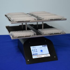 RoboRocker with the 3 x 2 platform and stacking tray. The platforms are sized for use in incubators.